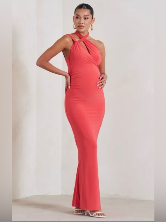 Club L London Dresses & Skirts - Club L London Alba Coral Maternity Halter Asymmetric Maxi Dress (Size 10)